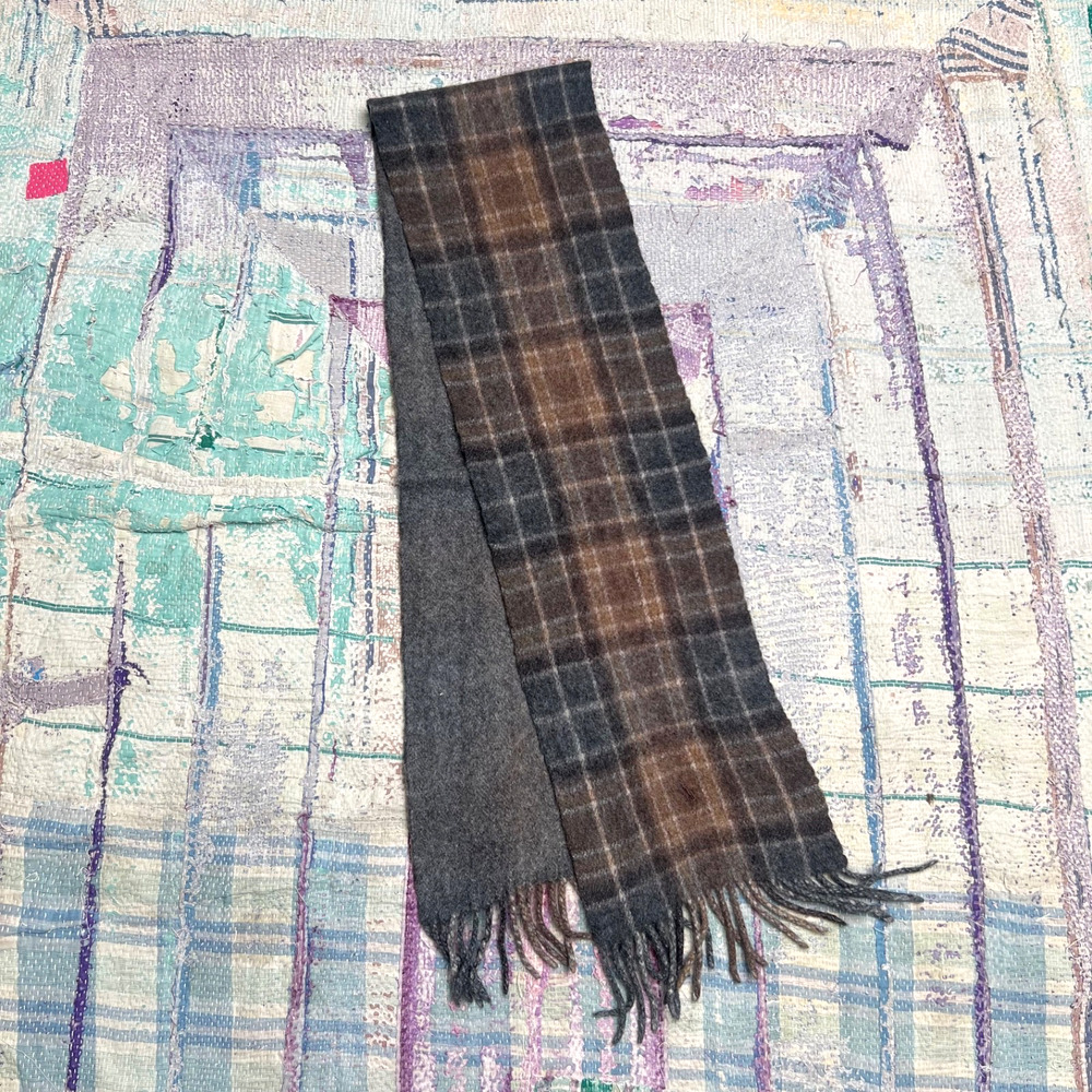 Polo Ralph Lauren Scarf Men Gray Brown Lambs Wool Plaid Fringe Made in Italy